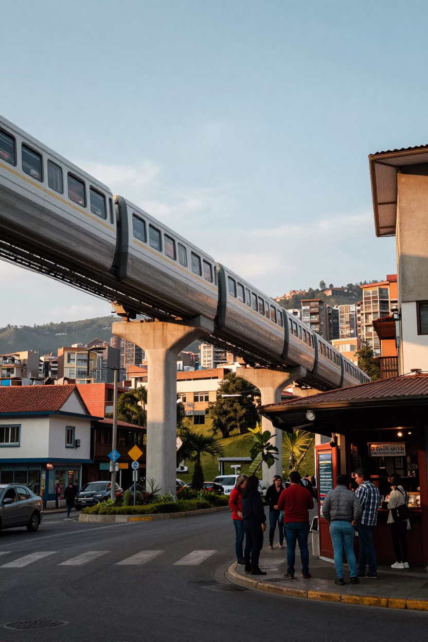 Medellin Colombia First Light Monorail and Street Scene Realistic Photograph in in Medellin, Colombia