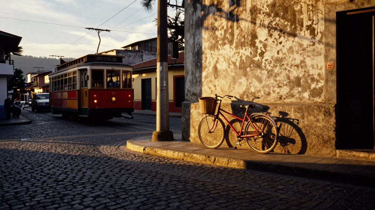 Medellin Colombia Golden Hour Street Scene with Cable Car and Bicycle Basket in in Medellin, Colombia