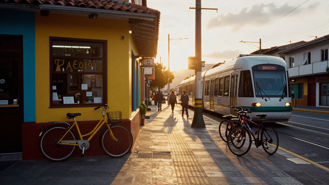 Medellin Colombia Golden Hour Street Scene with Monorail and Bicycles in in Medellin, Colombia