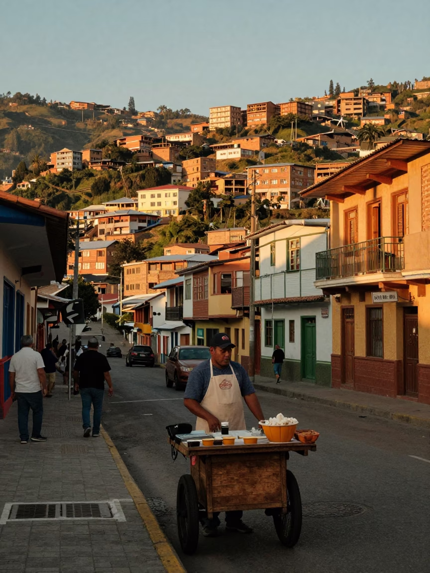 Medellin Colombia Golden Hour Street Scene with Vintage Apron and Urban Detail in in Medellin, Colombia