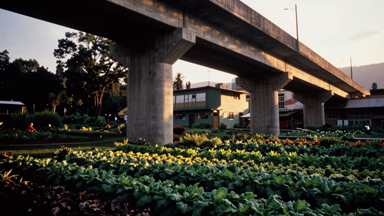 Medellin Colombia Golden Hour Viaduct Shadow Over Allotment Gardens in in Medellin, Colombia