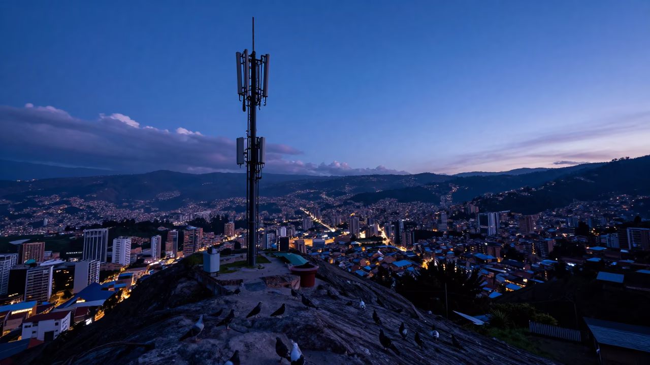 Medellin Colombia indigo twilight cityscape with telecommunication mast and pigeons in in Medellin, Colombia