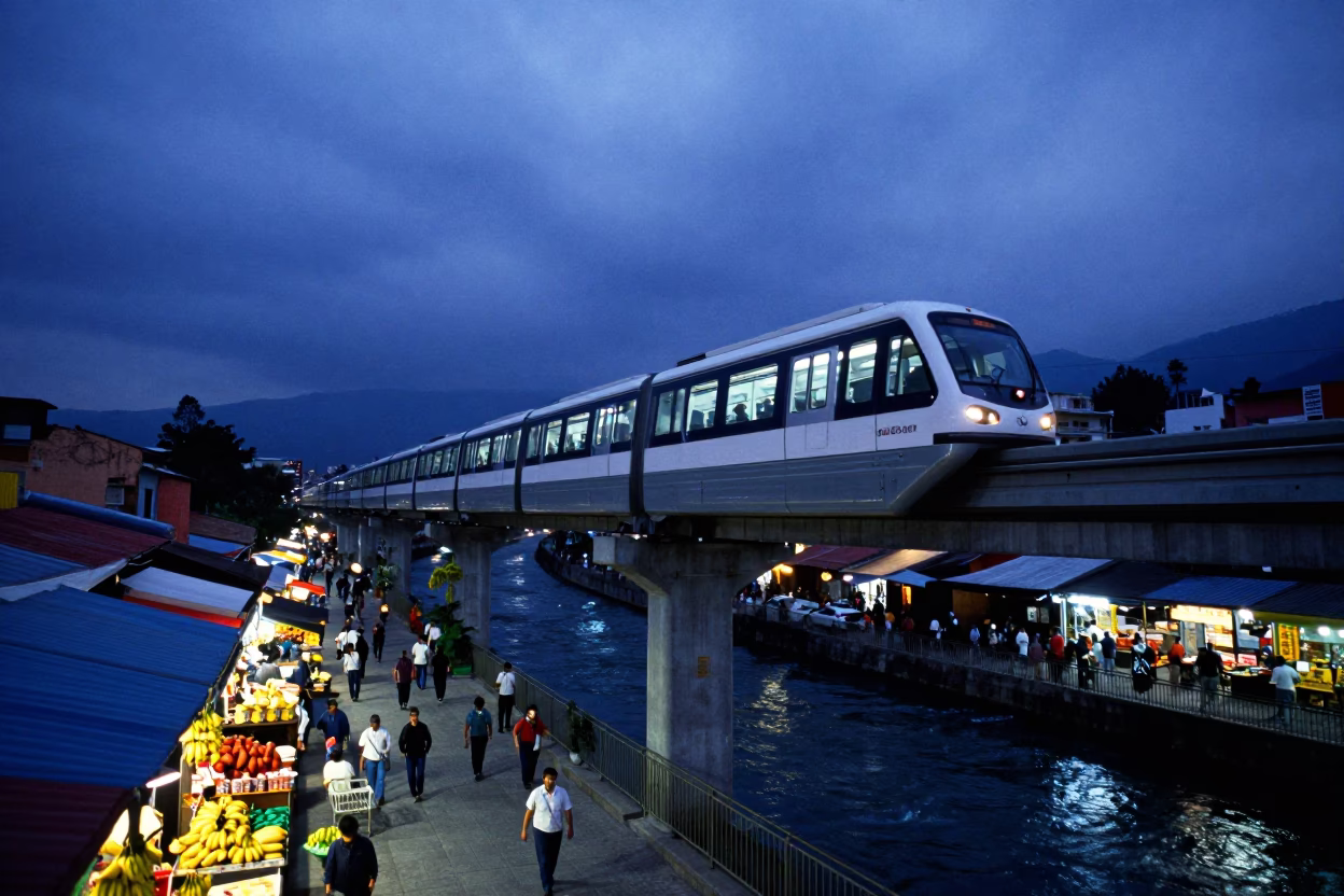 Medellin Colombia Indigo Twilight Monorail Above River Street Market Bananas in in Medellin, Colombia