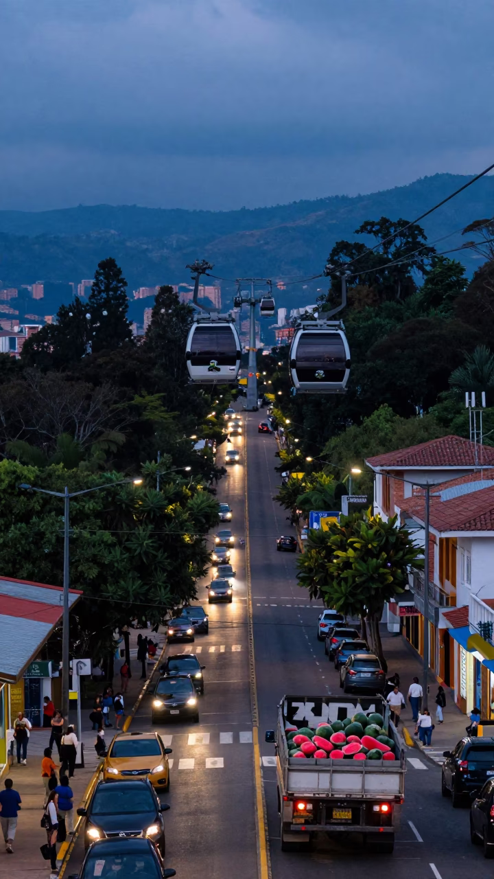 Medellin Colombia Indigo Twilight Street Scene with Aerial Tramway and Colorful Architecture in in Medellin, Colombia