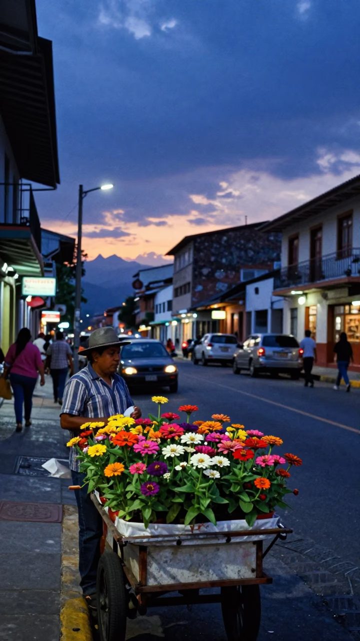Medellin Colombia indigo twilight street scene with colorful flowers and local traffic in in Medellin, Colombia