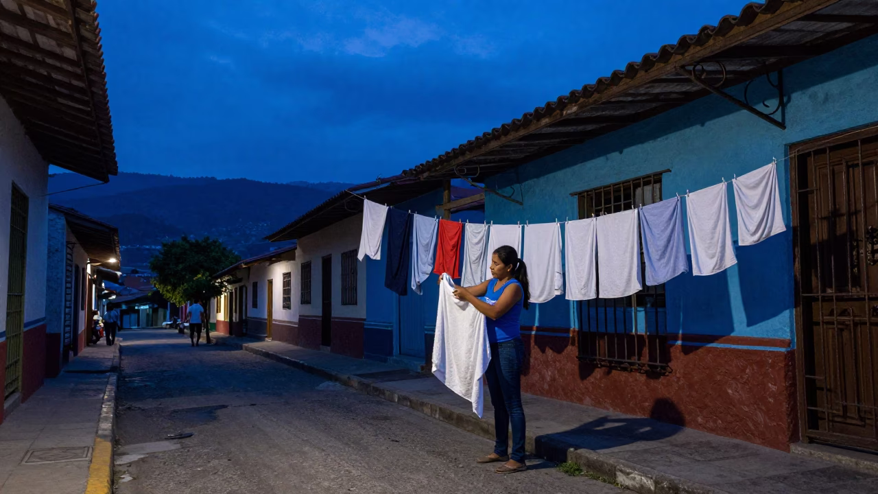 Medellin Colombia indigo twilight street scene with hanging laundry and colonial balconies in in Medellin, Colombia