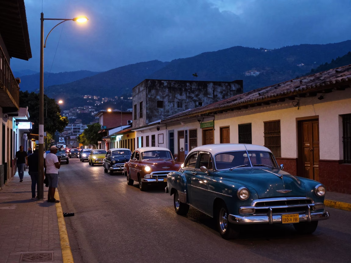 Medellin Colombia Indigo Twilight Street Scene with Vintage Car Rally and Local Market Activity in in Medellin, Colombia