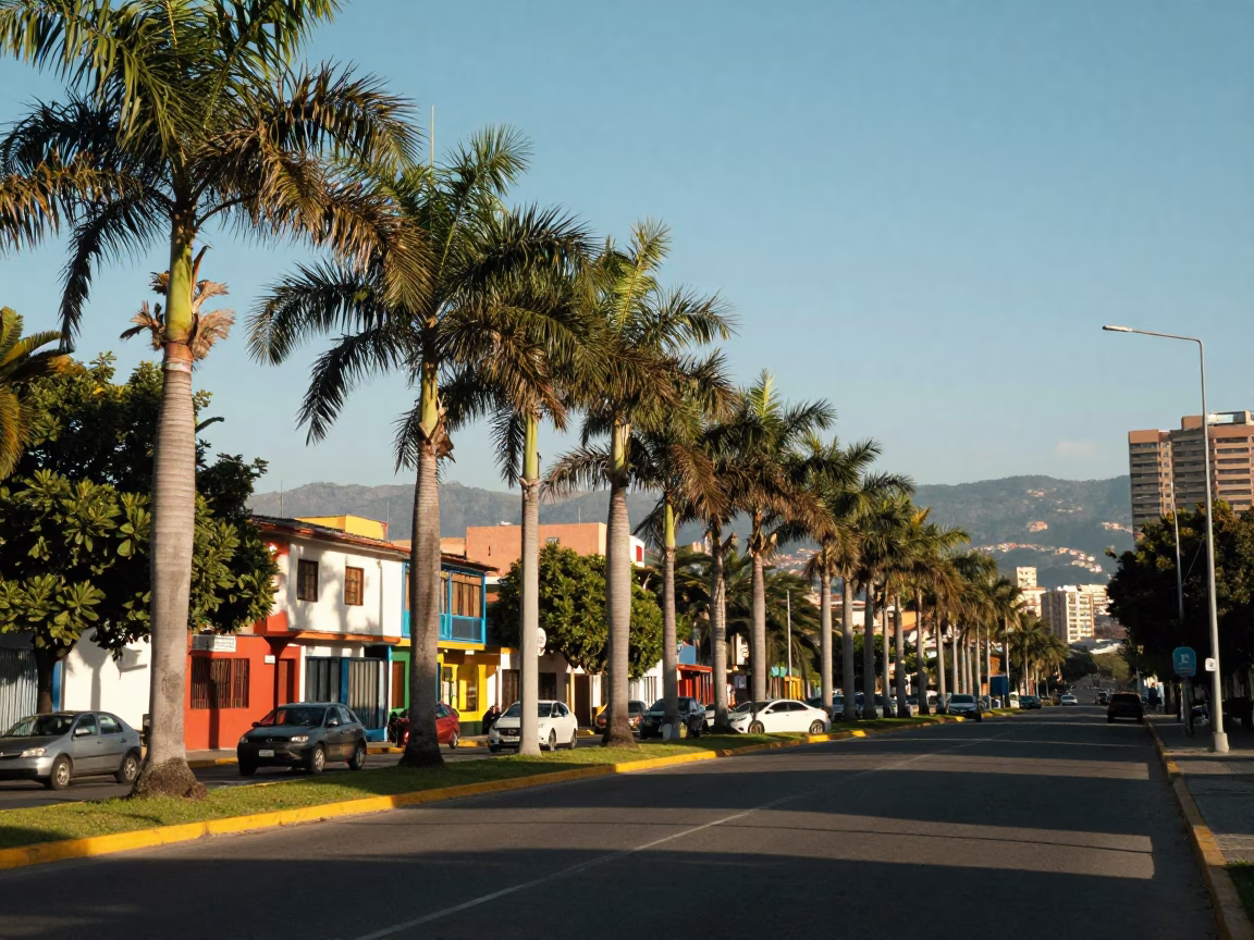 Medellin Colombia late afternoon palm tree boulevard street scene with local life in in Medellin, Colombia