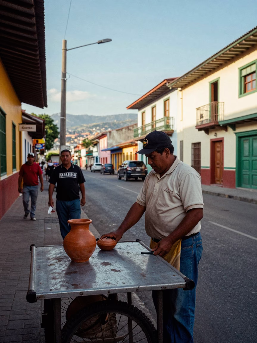 Medellin Colombia Late Afternoon Street Scene With Local Vendor And Everyday Objects in in Medellin, Colombia