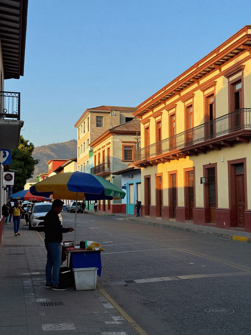 Medellin Colombia Late Afternoon Street Scene with Umbrellas and Local Architecture in in Medellin, Colombia