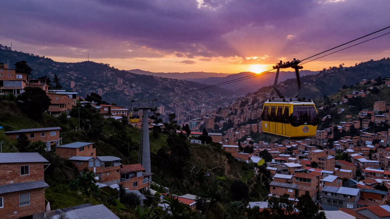 Medellin Colombia Metro Cable Car Crossing Valley at Sunset with City Lights in in Medellin, Colombia