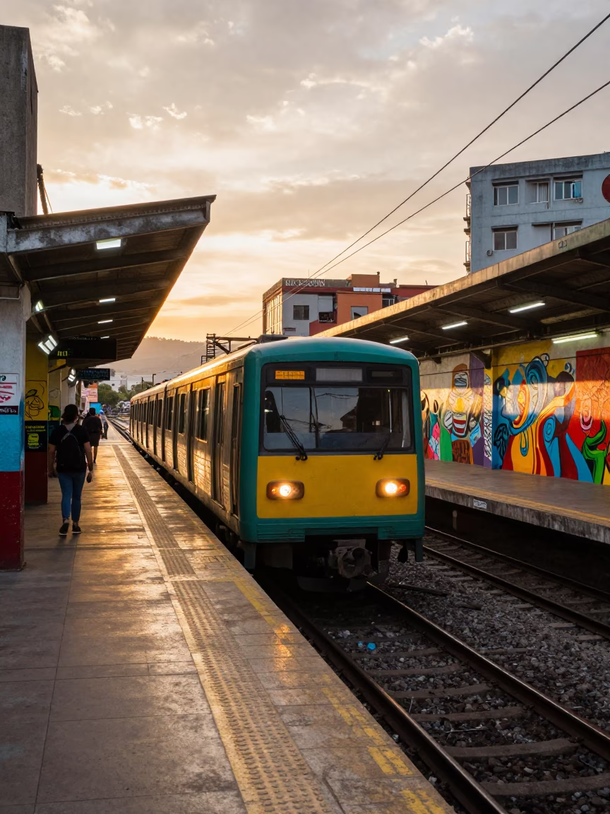 Medellin Colombia Metro Train Arriving at Art Adorned Station During Golden Hour Sunset in in Medellin, Colombia