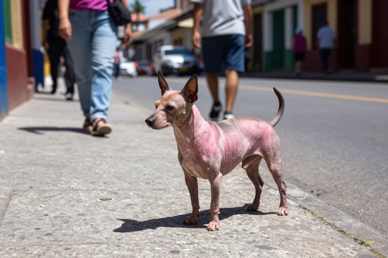Medellin Colombia midday street scene with American Hairless Terrier and local commerce in in Medellin, Colombia