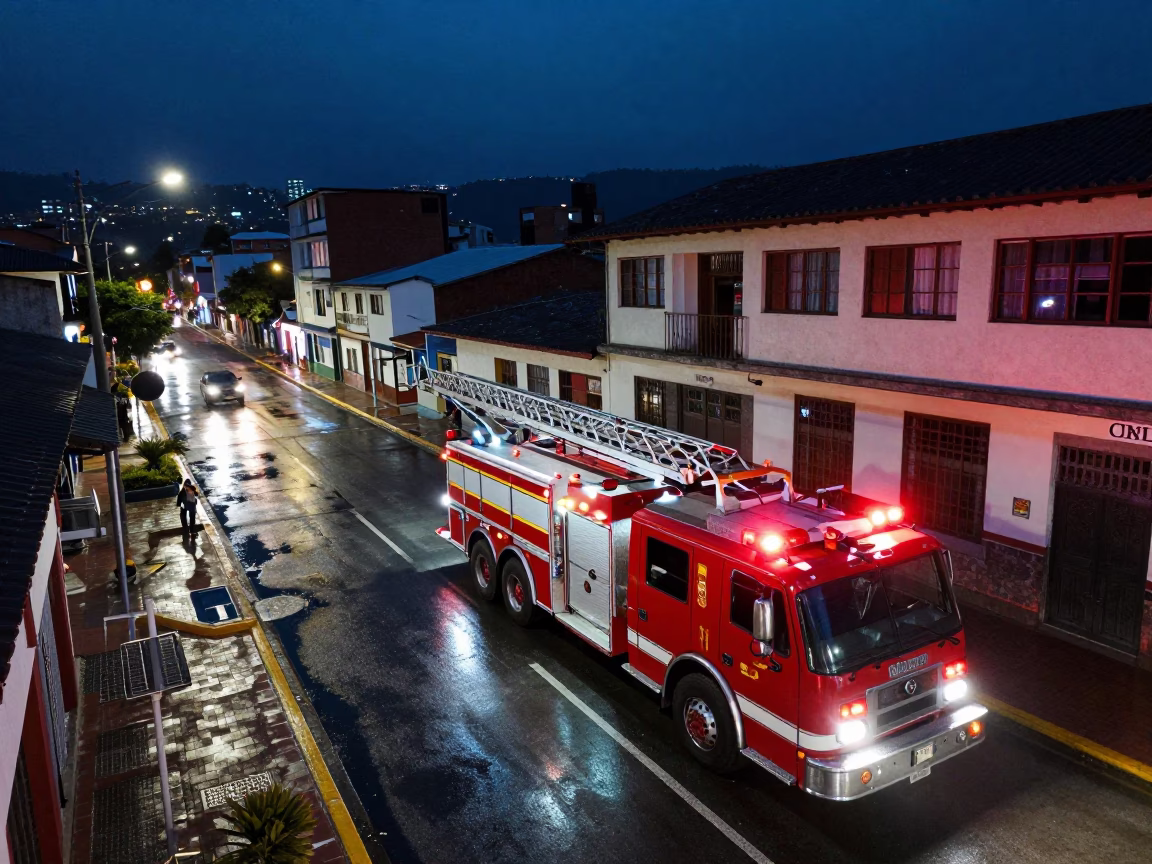 Medellin Colombia Midnight Street Scene with Fire Engine Ladder Extended at Building in in Medellin, Colombia