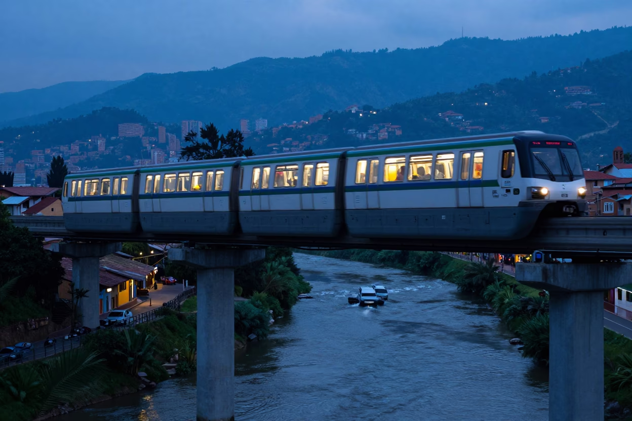 Medellin Colombia Monorail Sweeping Above River at Blue Hour Before Dawn in in Medellin, Colombia
