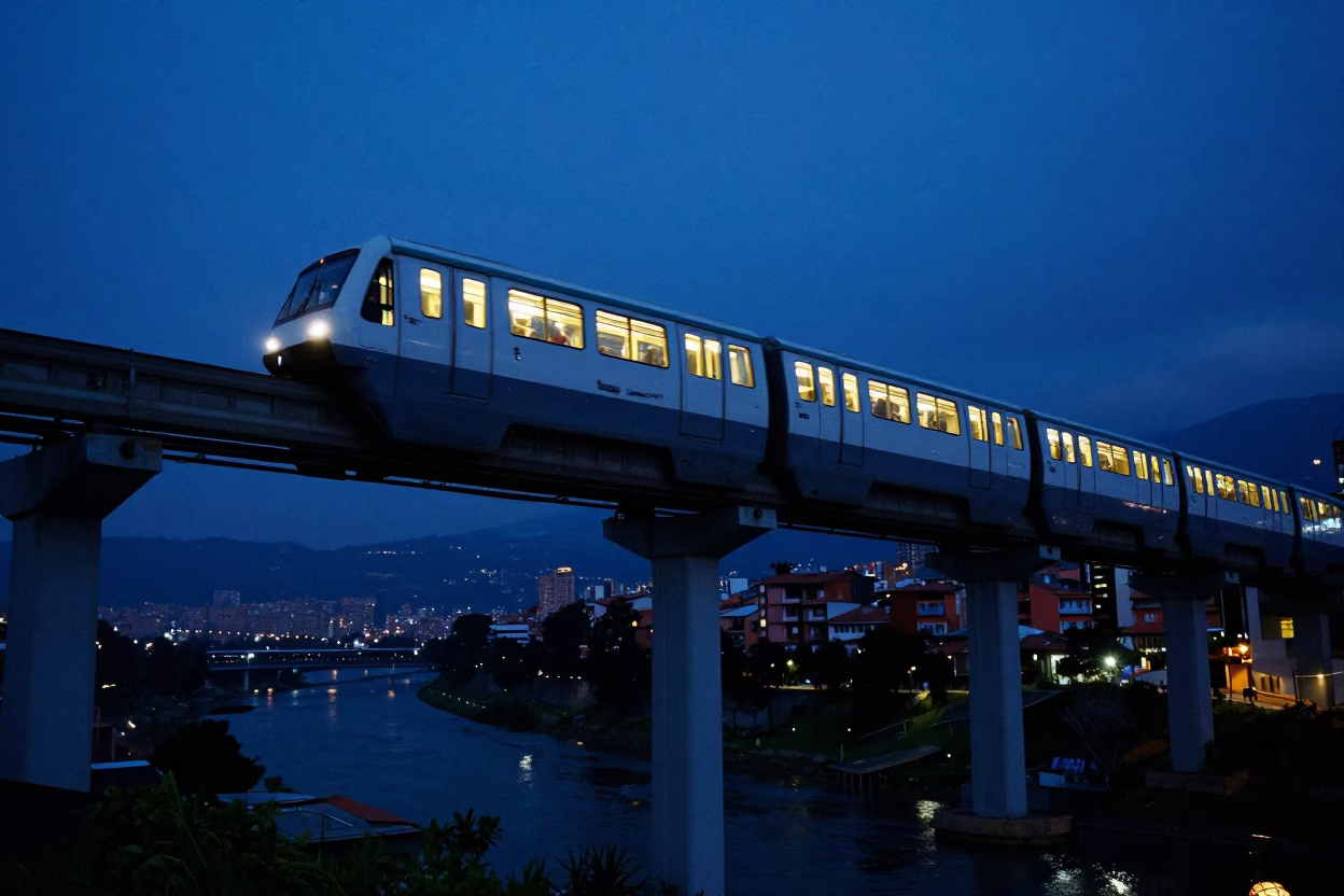 Medellin Colombia Monorail Sweeping Above River During Last Blue Light Evening in in Medellin, Colombia