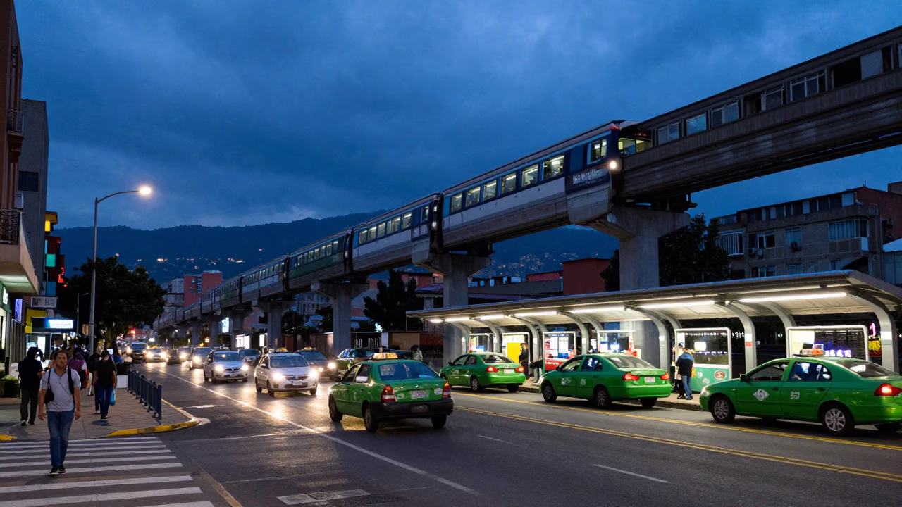 Medellin Colombia Monorail Twilight Taxi Rank Street Scene in in Medellin, Colombia