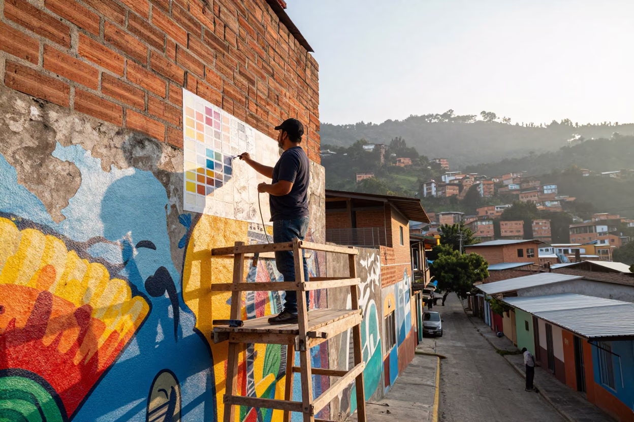 Medellin Colombia Morning Street Scene with Colorful Muralist Painting Sample Swatches on Scaffold in in Medellin, Colombia
