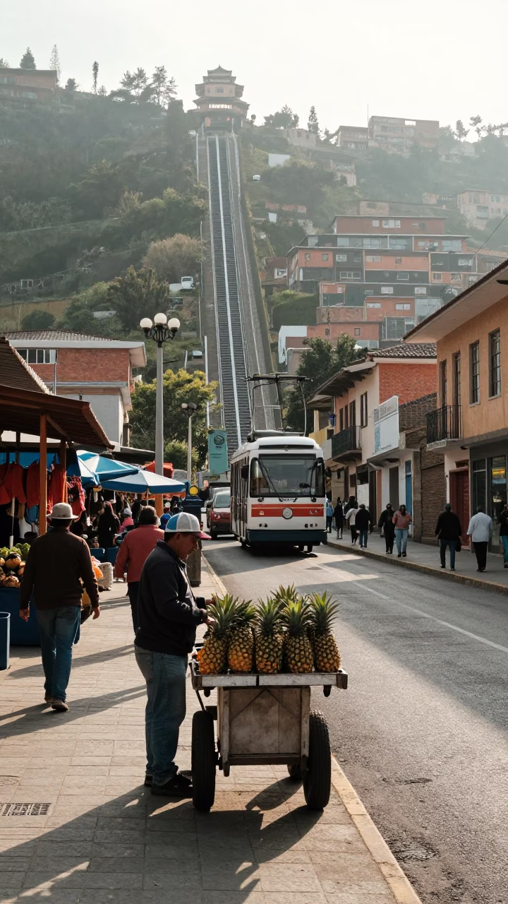 Medellin Colombia Morning Street Scene with Funicular and Local Market Activity in in Medellin, Colombia