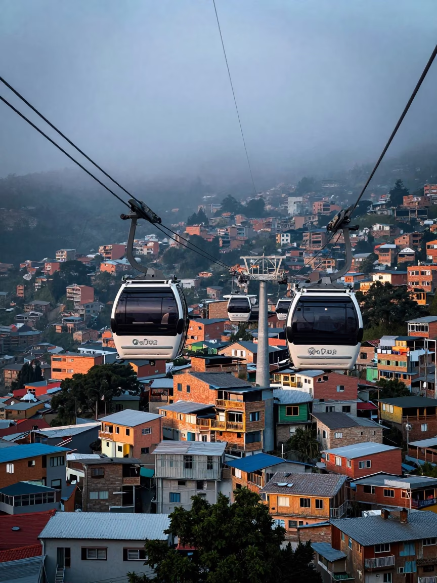 Medellin Colombia Nautical Dawn Cable Car View Over Urban Neighborhoods in in Medellin, Colombia