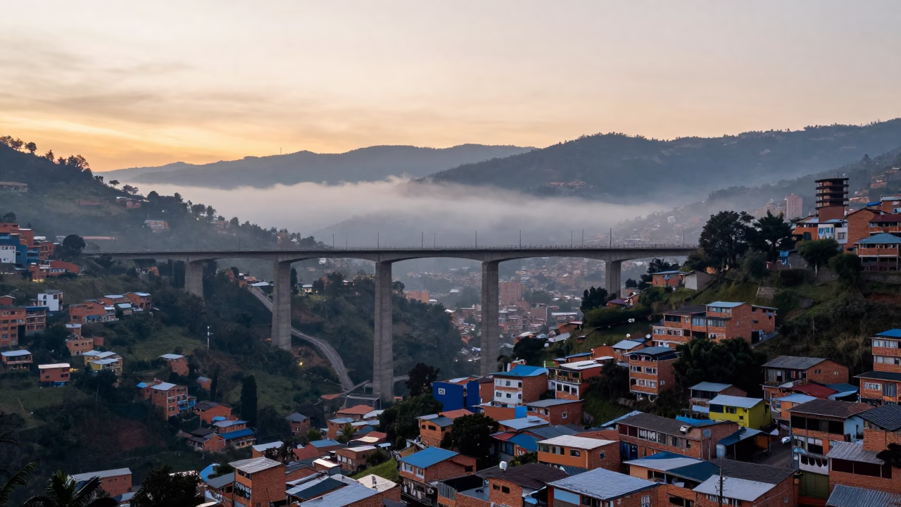 Medellin Colombia Nautical Dawn Concrete Viaduct Valley Floor Urban Landscape in in Medellin, Colombia