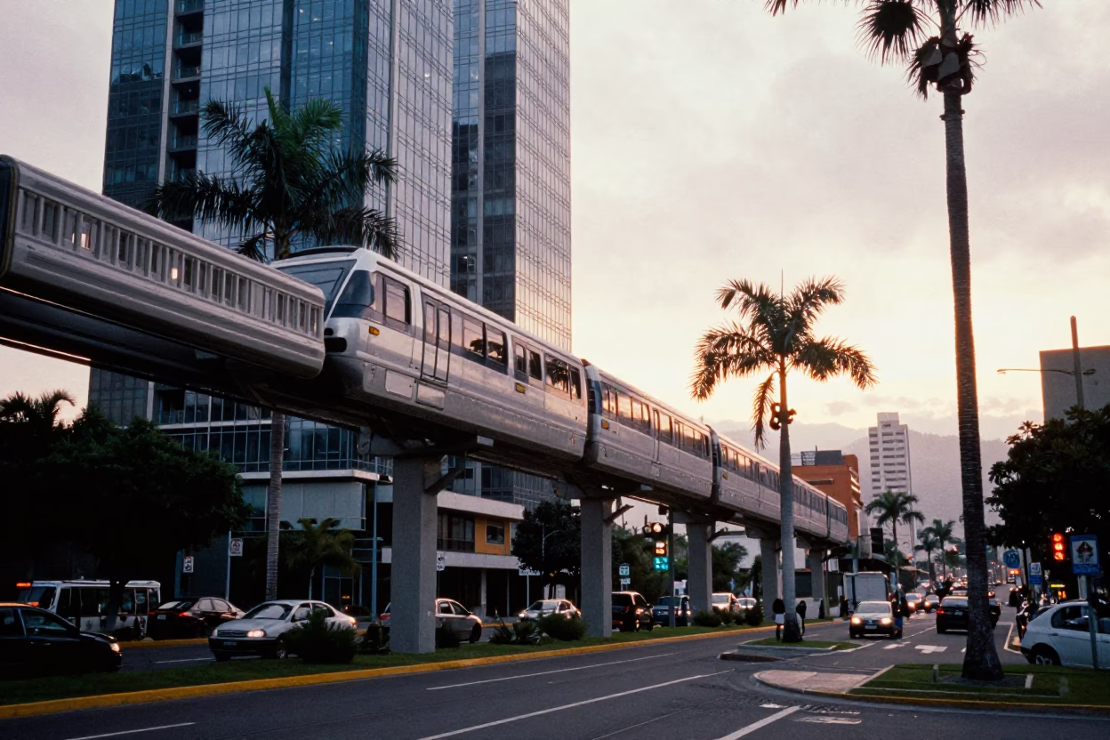 Medellin Colombia Nautical Dawn Monorail Gliding Past Palm Trees and Glass Towers in in Medellin, Colombia