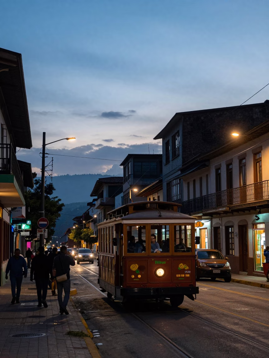 Medellin Colombia Nautical Dawn Street Scene with Cable Car and Urban Details in in Medellin, Colombia