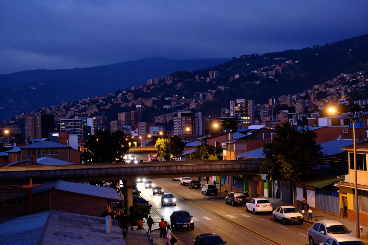 Medellin Colombia Nautical Dawn Street Scene with Overpass and Commuters in in Medellin, Colombia