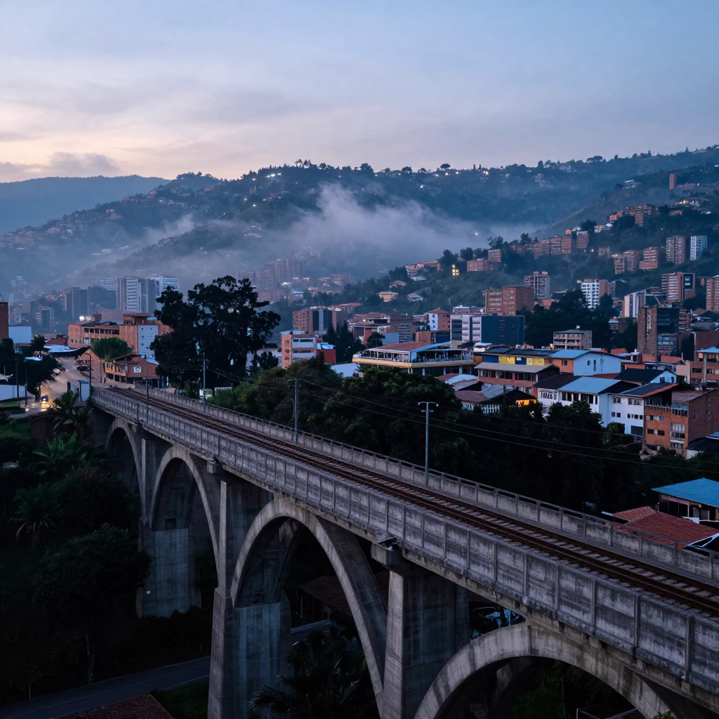 Medellin Colombia Nautical Dawn Street Scene with Railway Viaduct and Passing Train in in Medellin, Colombia