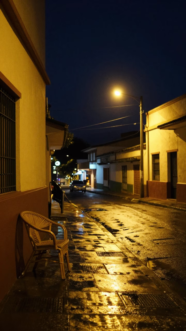 Medellin Colombia Night Street Scene with Rattan Chair and Metal Bucket in in Medellin, Colombia