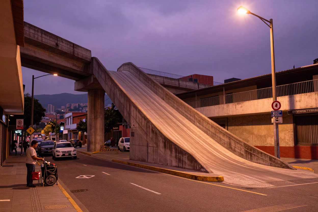 Medellin Colombia Overpass Ramp in Copper Dusk Light with Street Vendor and Greenery in in Medellin, Colombia