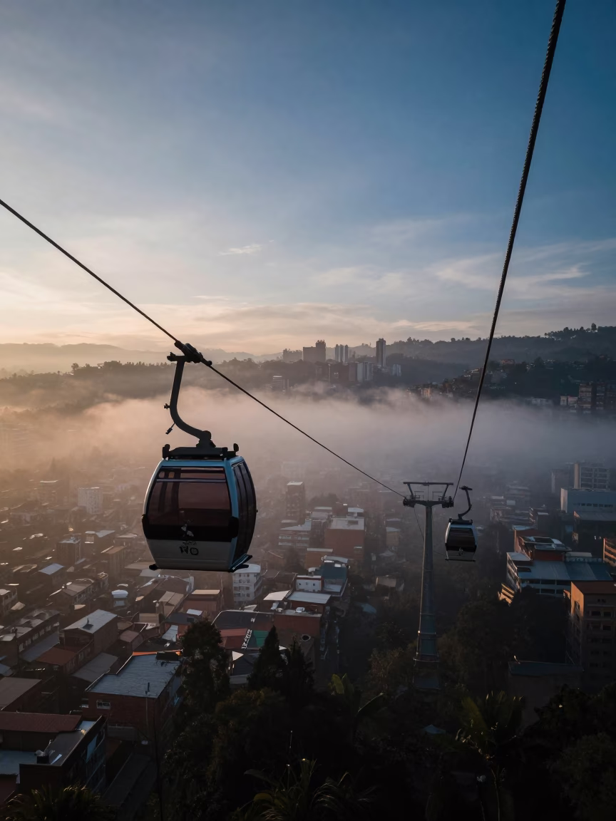 Medellin Colombia Pre-Dawn Aerial Tramway Gondola Rising Through Morning Fog in in Medellin, Colombia