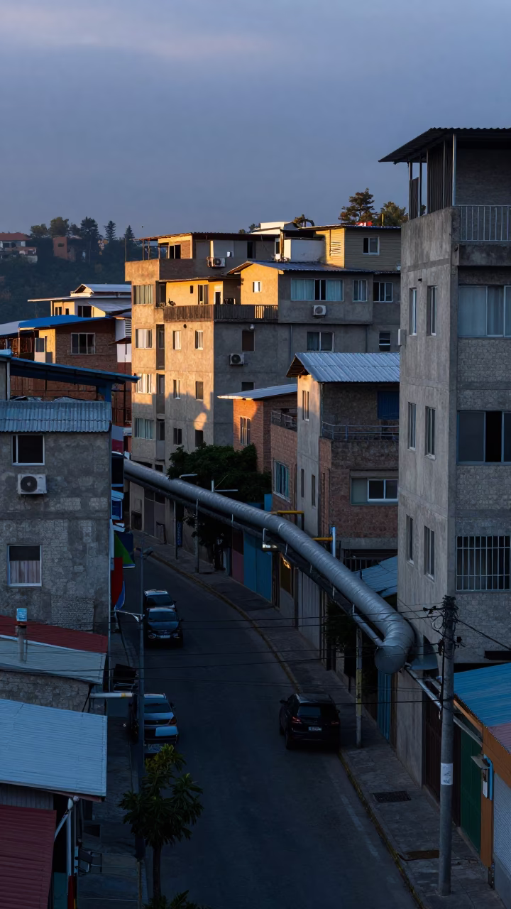 Medellin Colombia Pre-Dawn Street Scene With District Heating Pipes And Concrete Apartments in in Medellin, Colombia
