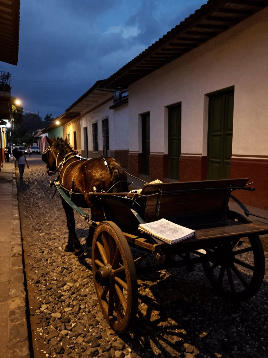 Medellin Colombia predawn street scene with horse cart and sketchbook in in Medellin, Colombia