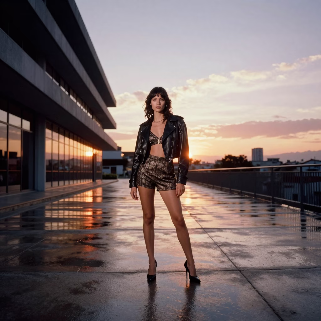 Medellin Colombia Street Fashion Portrait at Sunset with Modern Architecture in in Medellin, Colombia