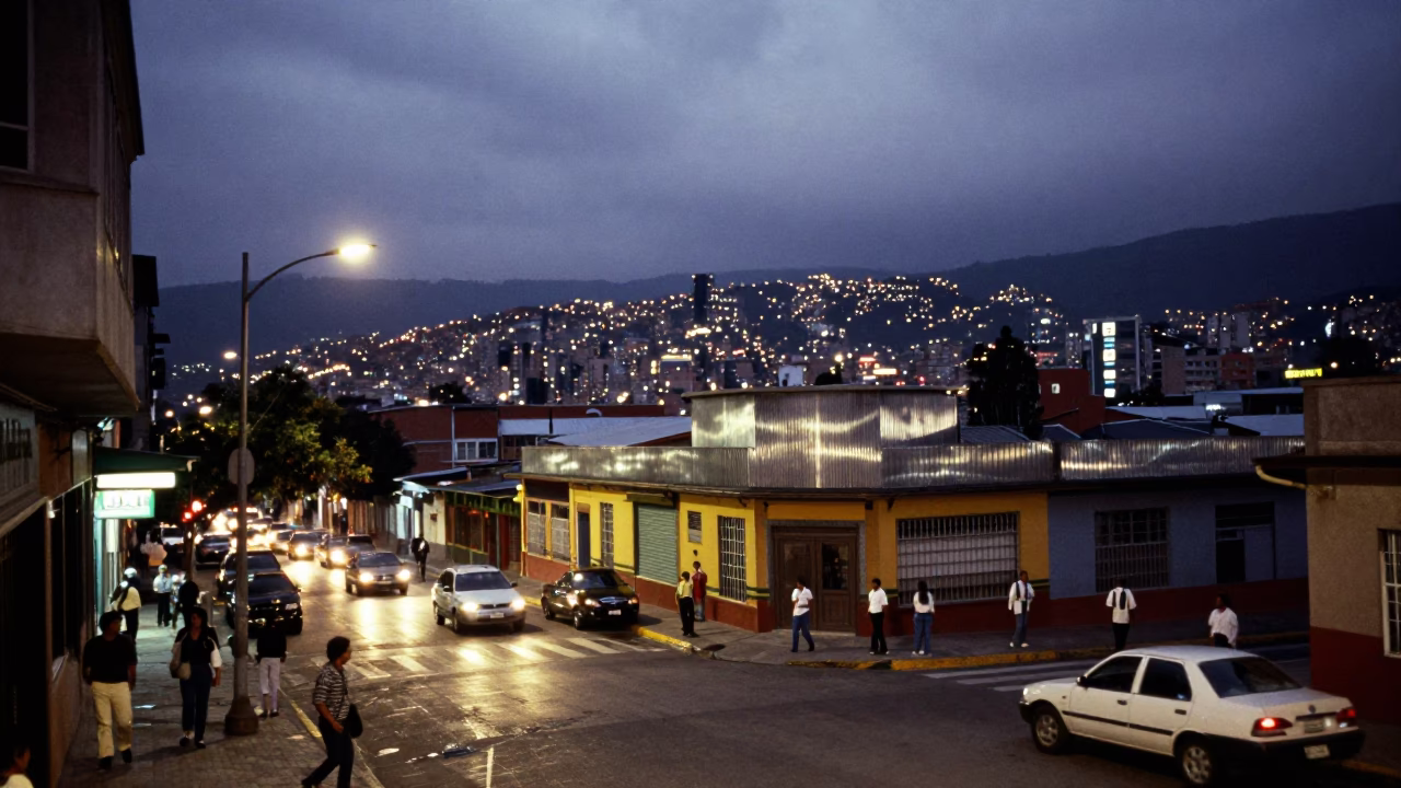 Medellin Colombia Street Scene 1960s Evening Lights Glow Brushed Steel Cabinet Door in in Medellin, Colombia