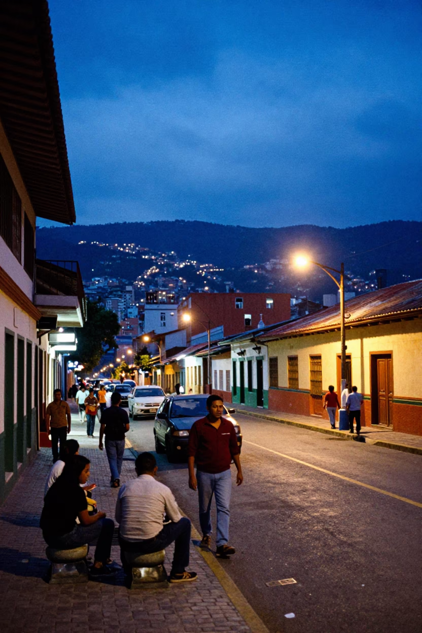 Medellin Colombia street scene at blue hour with vibrant local life and urban details in in Medellin, Colombia