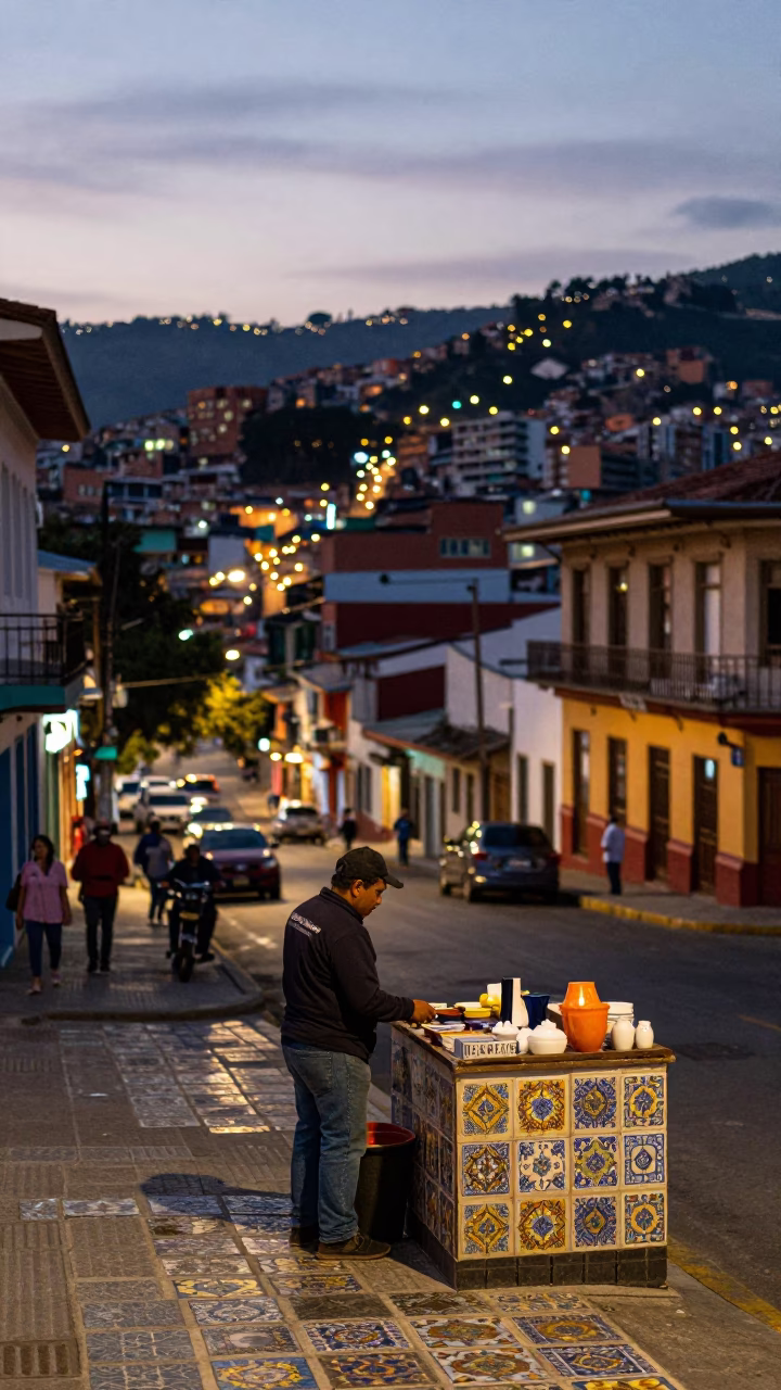 Medellin Colombia Street Scene at Dusk with Ceramic Tiles and Gate Handle in in Medellin, Colombia