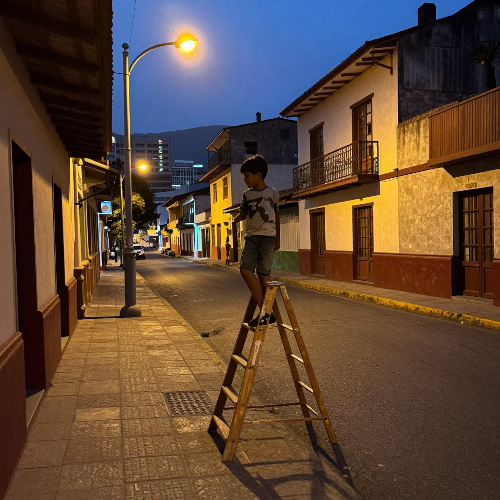 Medellin Colombia Street Scene at Dusk with Child on Step Ladder in in Medellin, Colombia