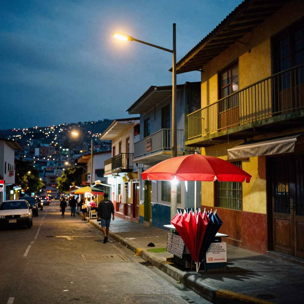 Medellin Colombia street scene at dusk with colorful awnings and local commerce in in Medellin, Colombia