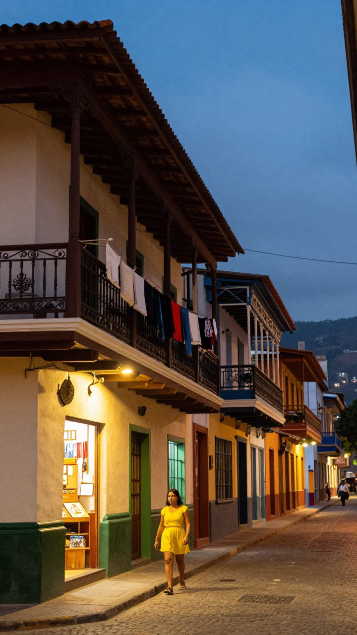 Medellin Colombia street scene at dusk with colorful balconies and evening lights in in Medellin, Colombia