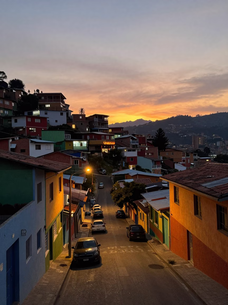 Medellin Colombia street scene at dusk with colorful building and cable car in in Medellin, Colombia