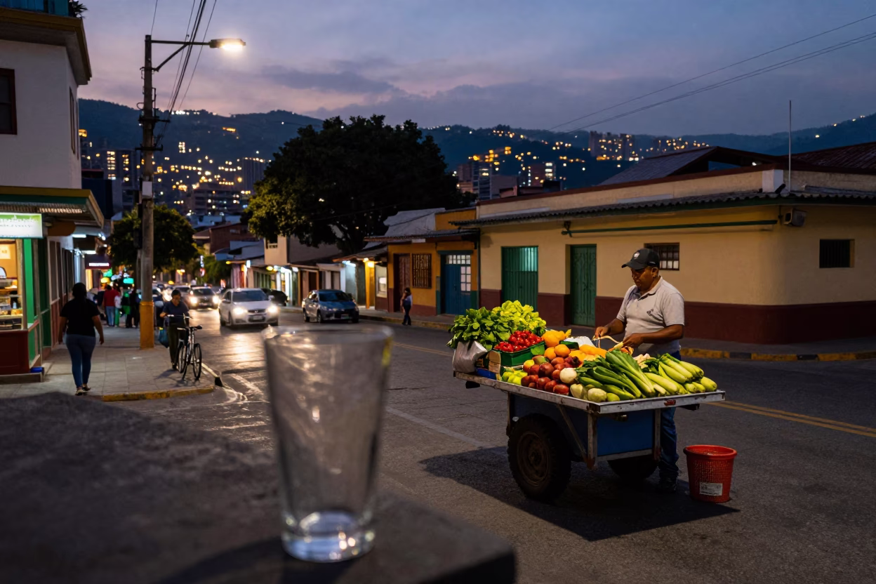 Medellin Colombia street scene at dusk with glass tumbler and urban viaduct shadows in in Medellin, Colombia