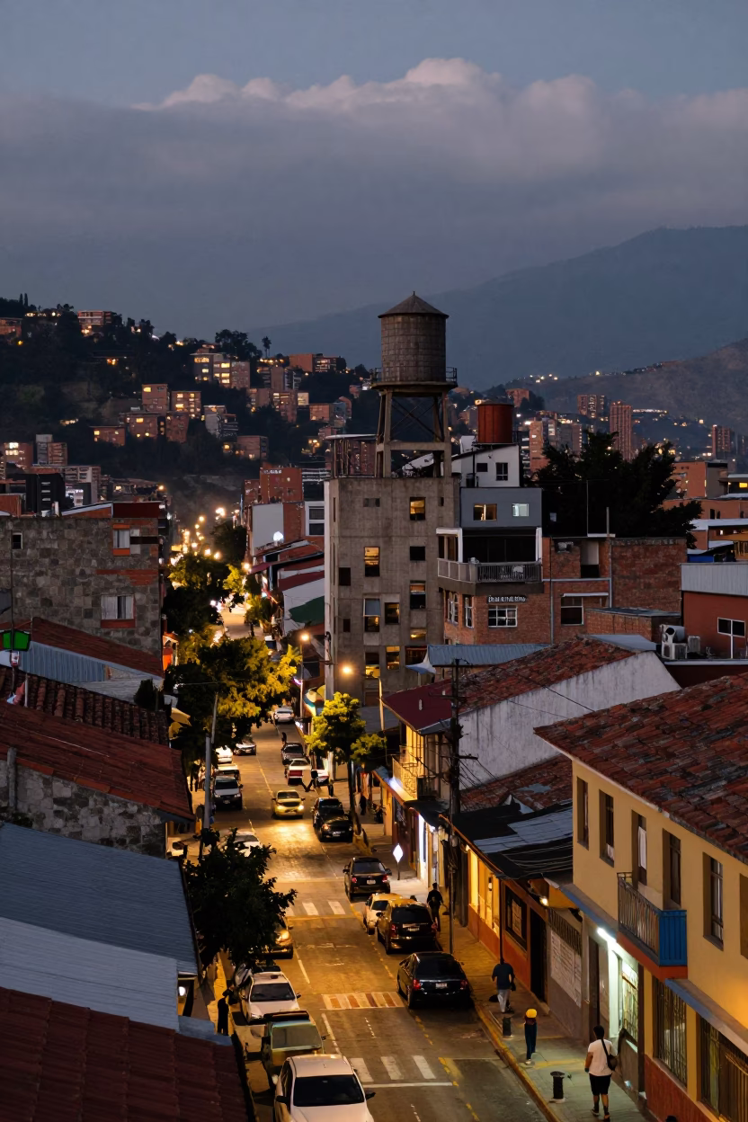 Medellin Colombia Street Scene at Dusk with Rooftop Water Tower and City Lights in in Medellin, Colombia