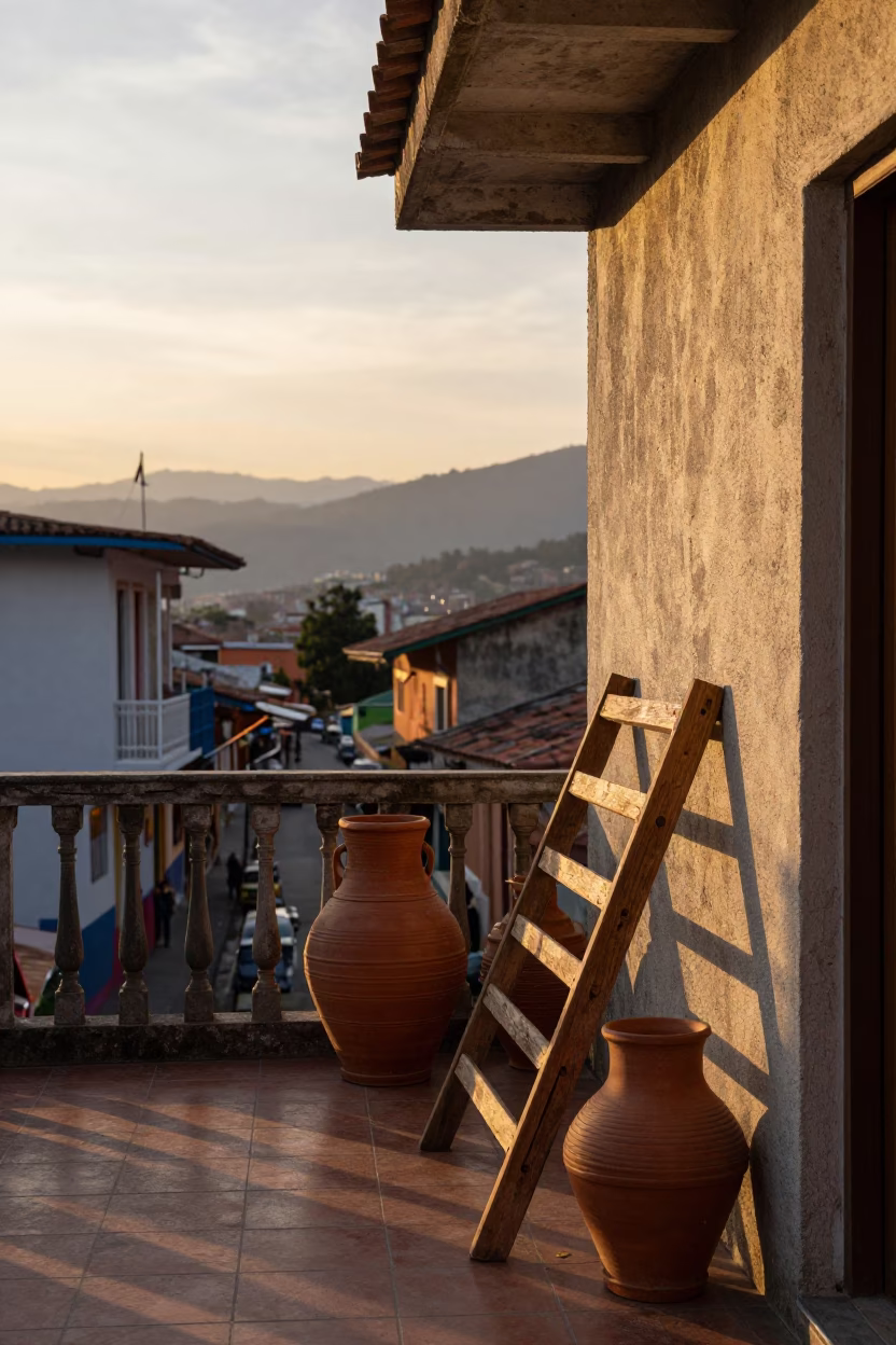 Medellin Colombia street scene at dusk with terracotta pots and drying racks in in Medellin, Colombia