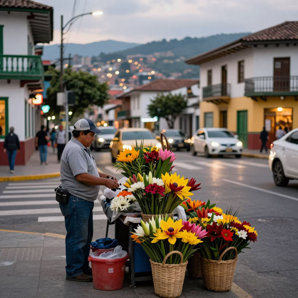 Medellin Colombia street scene at dusk with vibrant flower vendor and city lights in in Medellin, Colombia