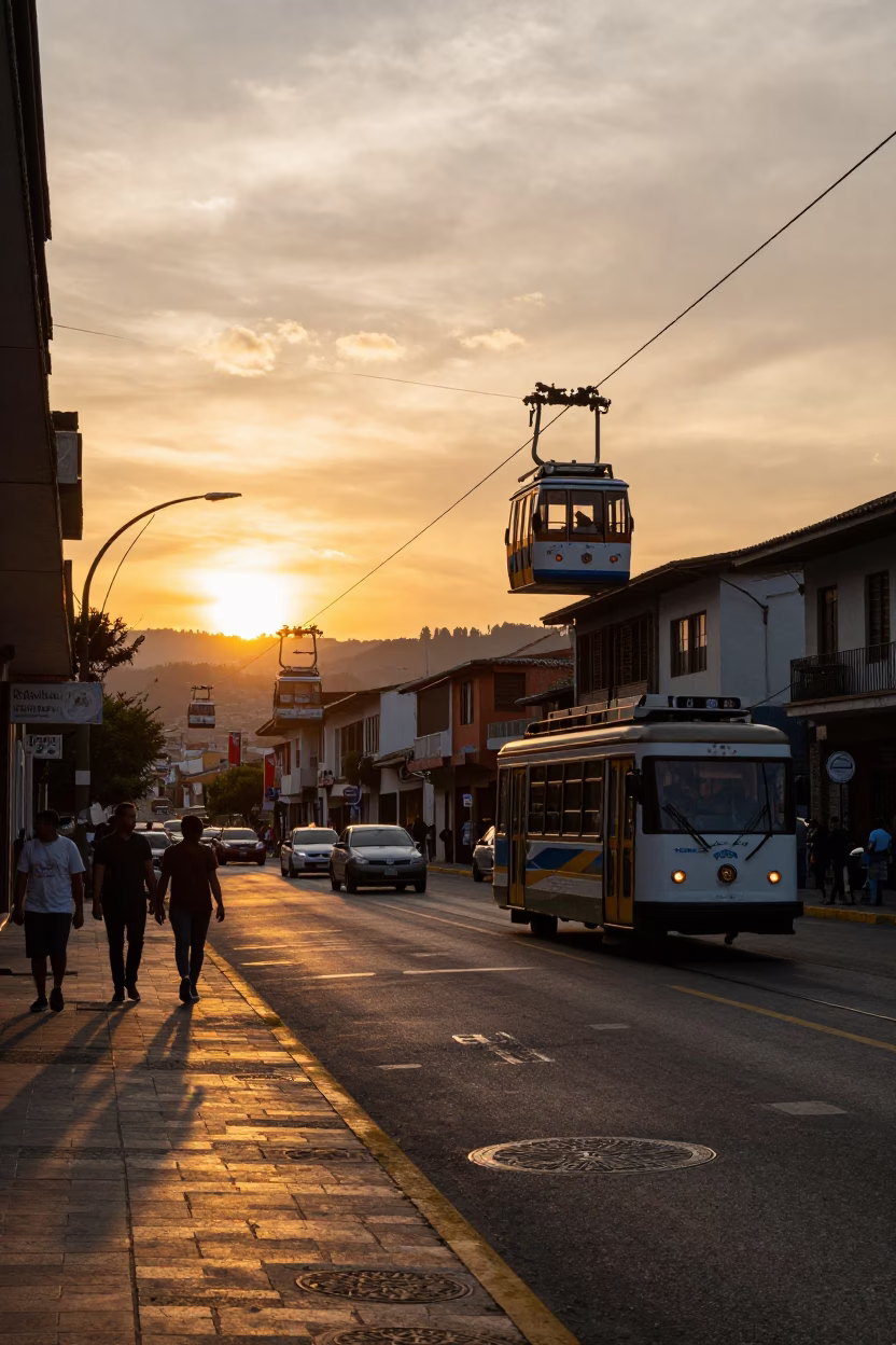 Medellin Colombia Street Scene at Sunset with Cable Cars and Urban Architecture in in Medellin, Colombia