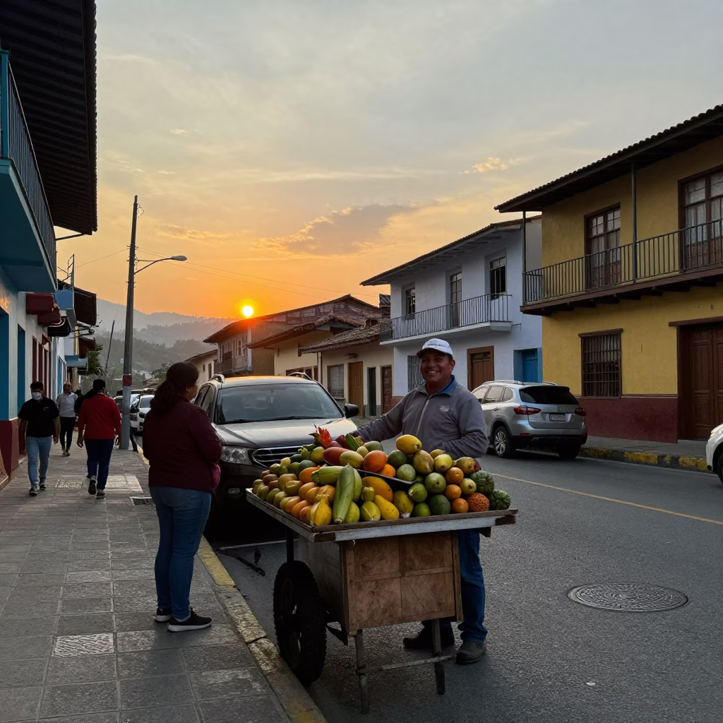 Medellin Colombia Street Scene at Sunset with Local Vendor and Window Fan in in Medellin, Colombia
