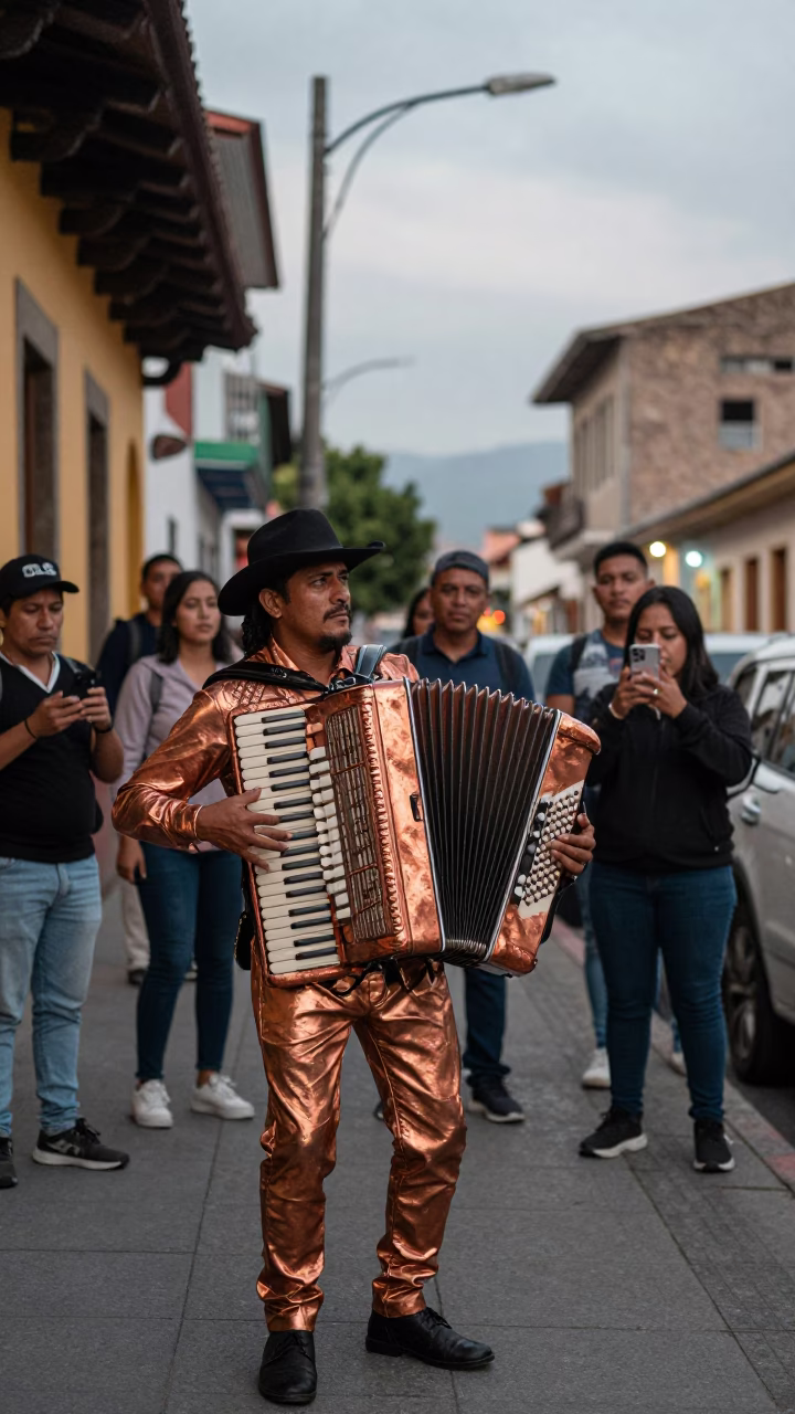 Medellin Colombia Street Scene Copper Light Accordion Player and Prickly Pear Cactus in in Medellin, Colombia