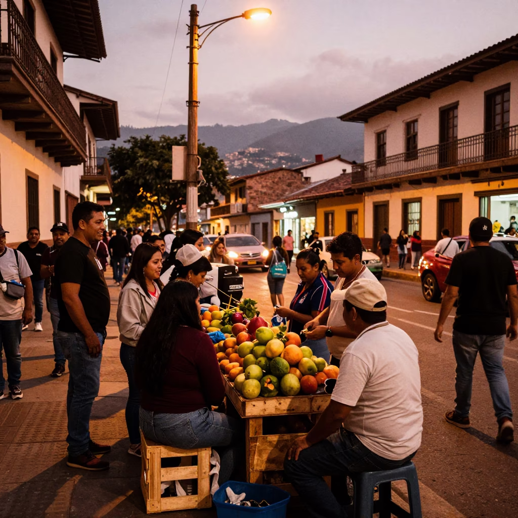 Medellin Colombia street scene copper light busy crowd lively moment in in Medellin, Colombia